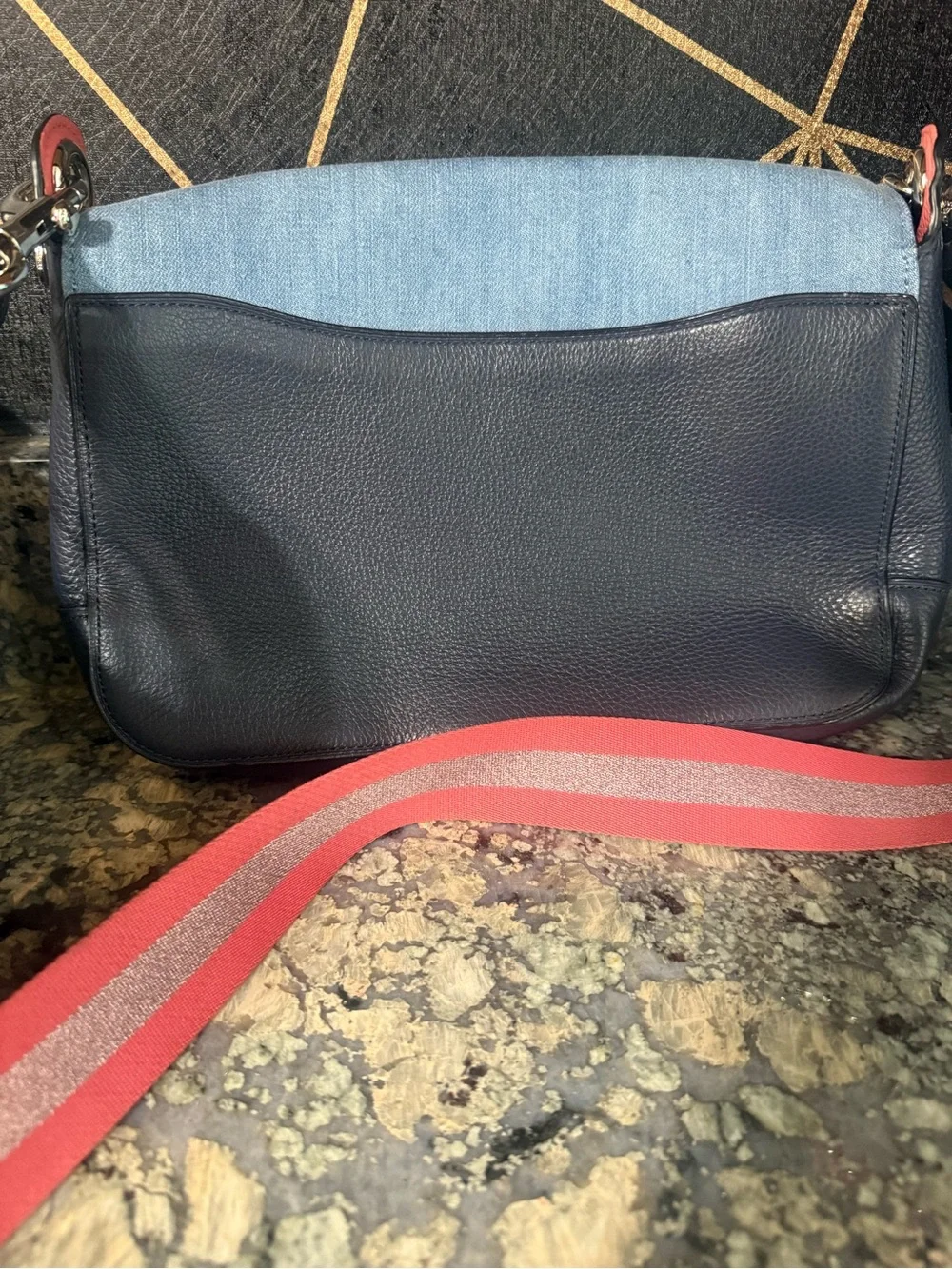Coach Light Blue Denim Crossbody with Pink Webbed Strap